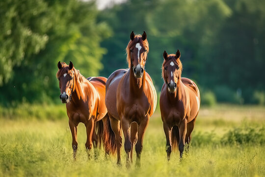 Three brown horses standing in a grassy field