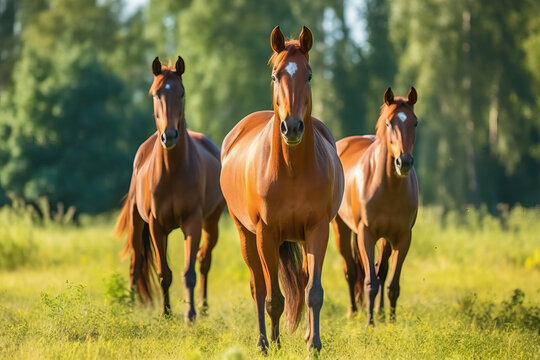 Three brown horses running in a grassy field