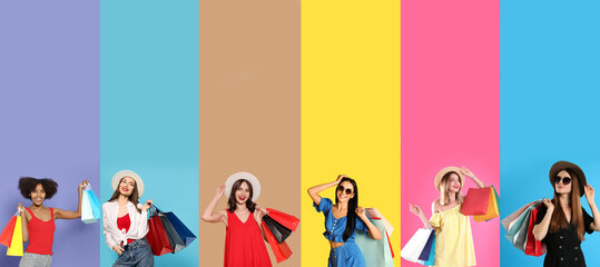 Happy women with shopping bags on different color backgrounds, collage design