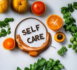 Text "self care" with a healthy food. Lettering illustration