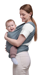Mother holding her child in baby wrap on white background