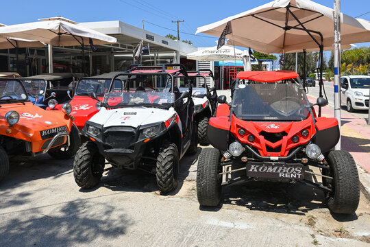 Kos, Greece - May 7, 2023: Buggy, recreational vehicles with big wheels and fat tires offered by a local rental company on the island of Kos. Greece