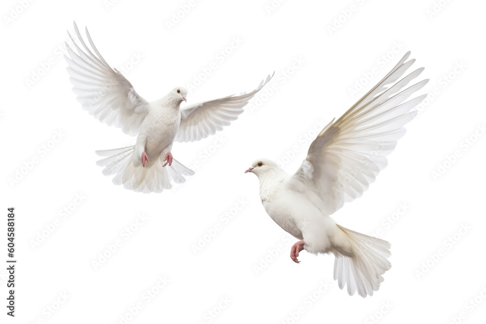 Wall mural 2 dove flying isolated on transparent background - generative ai