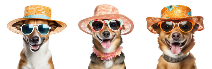 Happy Dog Wearing Summer Glasses and Hat Set Isolated on Transparent Background - Generative AI
