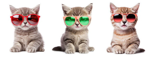 Kitten Wearing Summer Glasses Set Isolated on Transparent Background - Generative AI
