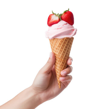 Hand Holding Strawberry Ice Cream Isolated on Transparent Background - Generative AI
