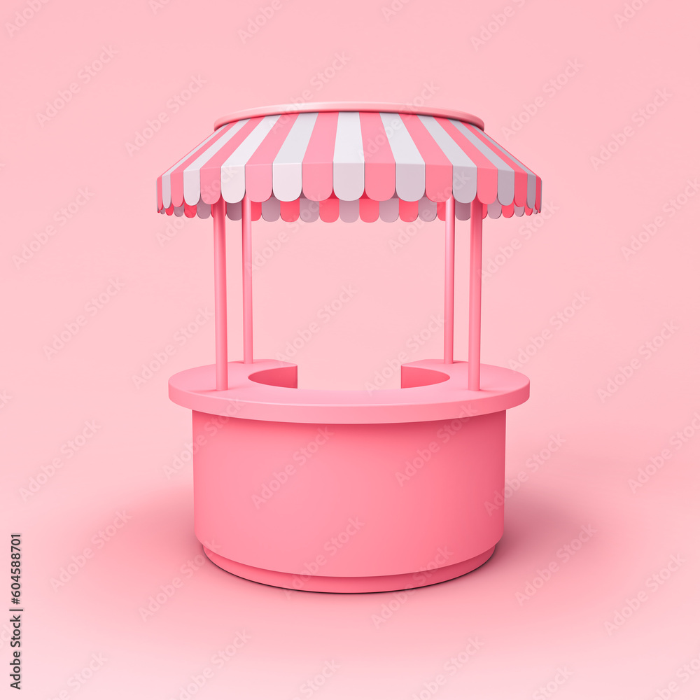 Aufkleber Blank round exhibition booth stall counter design or blank product display store shop stand with pink striped dome awning isolated on pink pastel color background minimal conceptual 3D rendering