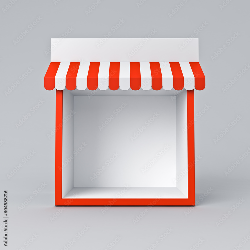 Poster blank exhibition booth shop store or blank display stall stand with red striped awning isolated on w