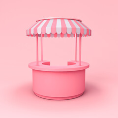 Blank round exhibition booth stall counter design or blank product display store shop stand with pink striped dome awning isolated on pink pastel color background minimal conceptual 3D rendering