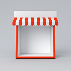 Blank exhibition booth shop store or blank display stall stand with red striped awning isolated on white gray background minimal conceptual 3D rendering