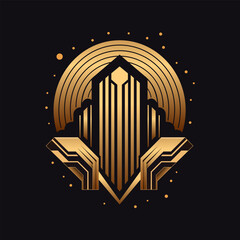 Art deco golden logo. Retro luxury geometric ornament. logotype buildings. Vector illustration. Isolated on black background.