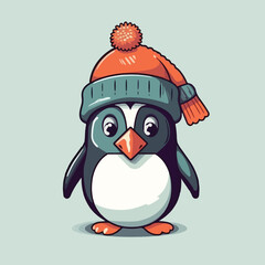 Cute penguin wearing a hat, vector cartoon illustration 