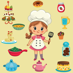 Little Girl Chef Collection. Vector Illustration Set.
