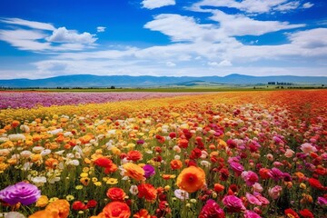 A panoramic background showcasing a field of vibrant flowers, created with Generative AI technology