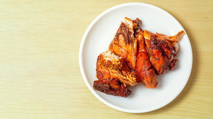 Fried chicken in white plate on wooden table, top view.