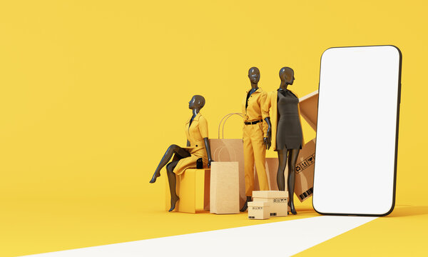 online shopping concept and promotional discounts in front of the store display Women's clothing and fashion Surrounded by mannequins, shopping bag and phone screen on yellow background. 3d rendering