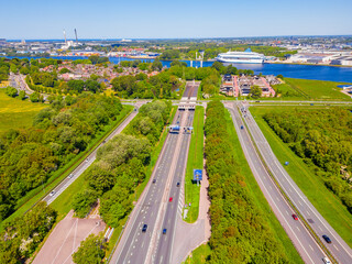 High angle Drone Point of View on the Velser Tunnel in Velsen, North Holland, The Netherlands. It goes under the North Sea Canal and opened in 1957.