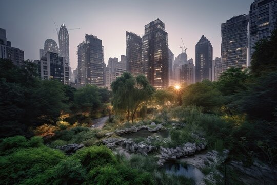 Concrete jungle, cityscape with towering skyscrapers dominating the frame while a small park or green space stands out as an oasis. Loss of green spaces due to urban sprawl.