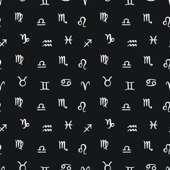 Seamless pattern of hand drawn Astrological signs. Zodiac signs on black background. Star signs background for astrology horoscope. Vector illustration