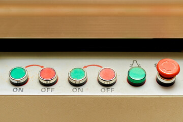 Red and green buttons switch for turn on turn off machine tool, equipment