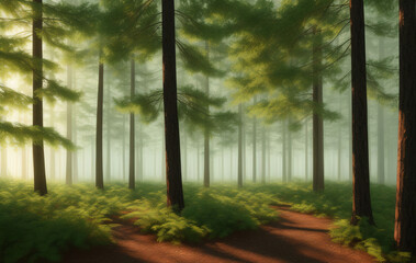 Fototapeta na wymiar Natural Forest of Spruce Trees, Sunbeams through Fog create mystic Atmosphere. Ai generated technology