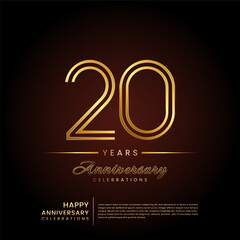 20 years anniversary, anniversary template design with double line number and golden text for birthday celebration event, invitation, banner poster, flyer, and greeting card, vector template