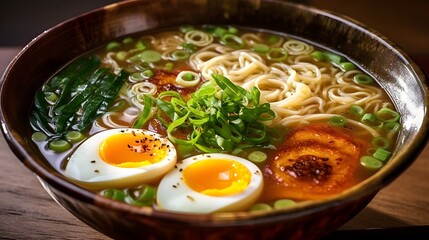 Traditional Japanese Ramen soup with noodles, scalion and nitamago - soft boiled egg