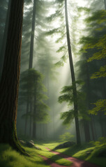 Natural Forest of Spruce Trees, Sunbeams through Fog create mystic Atmosphere. Ai generated technology