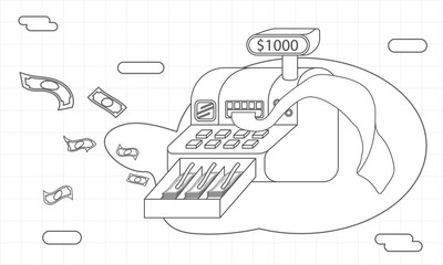 Cash register have money and bill flying on purple and white background in flat style. Money and finance, equipment counter, commercial service, checkout machine. outline stroke, thin line. Vector