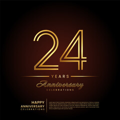 24 years anniversary, anniversary template design with double line number and golden text for birthday celebration event, invitation, banner poster, flyer, and greeting card, vector template