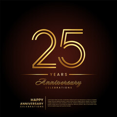 25 years anniversary, anniversary template design with double line number and golden text for birthday celebration event, invitation, banner poster, flyer, and greeting card, vector template