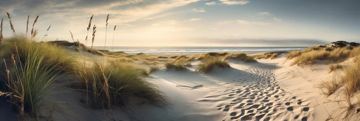 Foto auf Leinwand Panorama background of Sandy dune beach with some grass, created with Generative AI technology © mafizul_islam