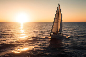 Obraz na płótnie Canvas Sailing yacht boat on ocean water at sunrise. Neural network generated in May 2023. Not based on any actual person, scene or pattern. Generative AI