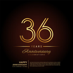 36 years anniversary, anniversary template design with double line number and golden text for birthday celebration event, invitation, banner poster, flyer, and greeting card, vector template