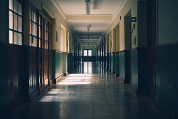 Blur image background of corridor in school image, Generative AI