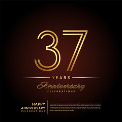 37 years anniversary, anniversary template design with double line number and golden text for birthday celebration event, invitation, banner poster, flyer, and greeting card, vector template