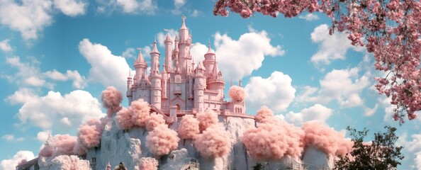 cartoon dreamy pink and pastel color cartoon castle for fairytales and kids stories concepts as wide banner with copyspace area - Generative AI