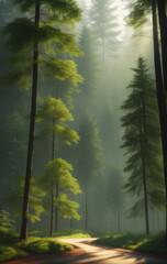 Fototapeta premium Natural Forest of Spruce Trees, Sunbeams through Fog create mystic Atmosphere. Ai generated technology