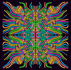 Motley symmetrical hippie trippy psychedelic abstract pattern with many intricate wavy ornaments, bright neon multicolor color texture. Bright mandala flower background.