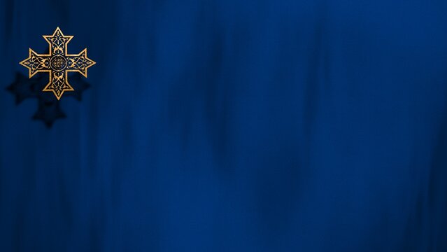 Liturgic blue velvet with golden Christian Coptic Orthodox Cross. 3D illustration template background for worship live stream church sermon. Concept for Presentation of the Lord, Annunciation, Feasts