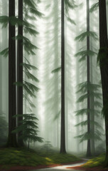 Natural Forest of Spruce Trees, Sunbeams through Fog create mystic Atmosphere. Ai generated technology