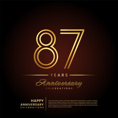 87 years anniversary, anniversary template design with double line number and golden text for birthday celebration event, invitation, banner poster, flyer, and greeting card, vector template