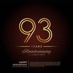 93 years anniversary, anniversary template design with double line number and golden text for birthday celebration event, invitation, banner poster, flyer, and greeting card, vector template