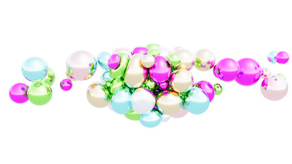 Metal soft spheres balls collide and stick together on a transparent back 3d render