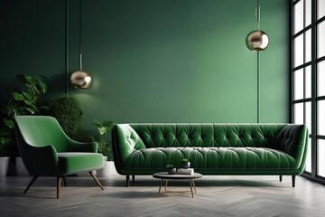 Green sofa and armchair in a living room with a in tone background . Classic interior architecure . Mockup, ai generative