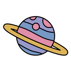 Vector hand drawn cartoon illustration slice of purple planet with a purple ring around it icon