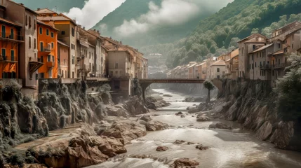 Fototapete Rund Climate Change Floods River Courses Overflow their Banks and Flood a Small Italian or Austrian Town Generative AI Wallpaper Background Illustration Digital Art © Korea Saii