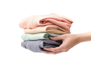 Hand holding clothes isolated on transparent background. Generative Ai