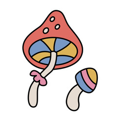 Vector hand drawn cartoon illustration of retro mushrooms icon