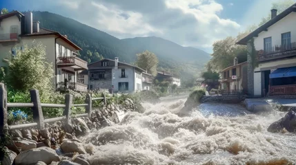 Poster Climate Change Floods River Courses Overflow their Banks and Flood a Small Italian or Austrian Town Generative AI Wallpaper Background Illustration Digital Art © Korea Saii